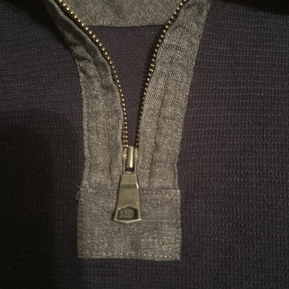 Banana Republic Navy Blue Waffle Knit Grey Patchwork Collared Quarterzip Sweater - Picture 3 of 6